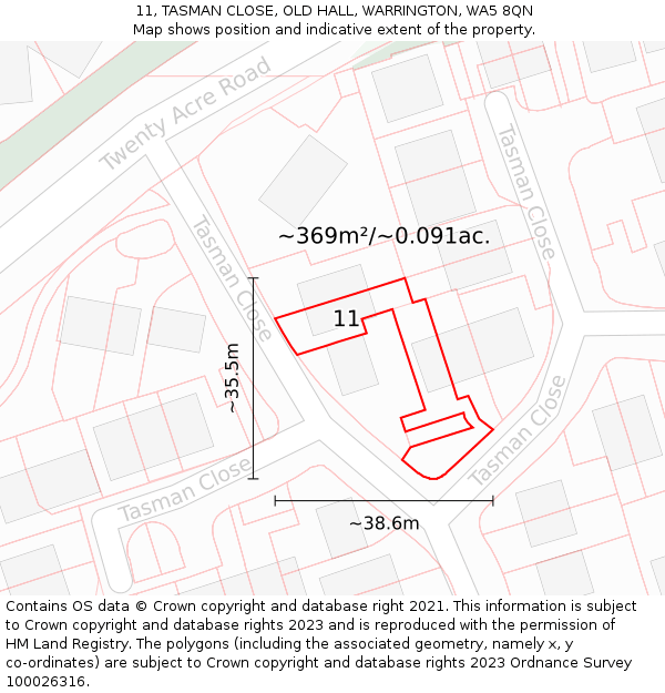 11, TASMAN CLOSE, OLD HALL, WARRINGTON, WA5 8QN: Plot and title map