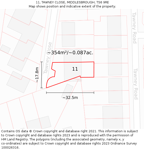 11, TAWNEY CLOSE, MIDDLESBROUGH, TS6 9RE: Plot and title map