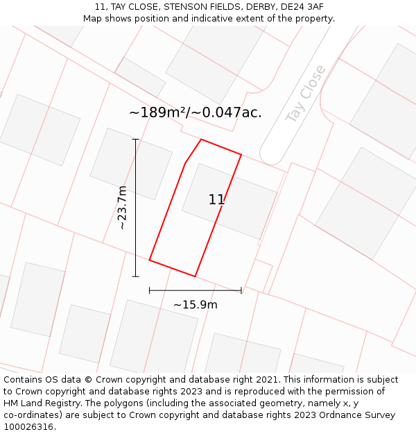 11, TAY CLOSE, STENSON FIELDS, DERBY, DE24 3AF: Plot and title map