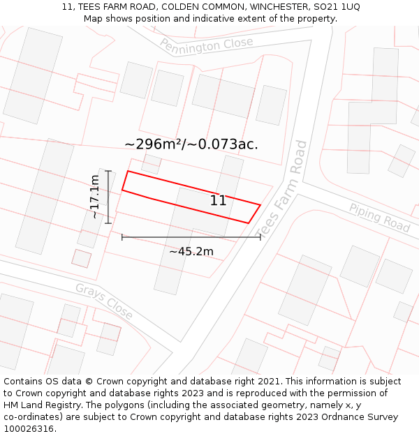 11, TEES FARM ROAD, COLDEN COMMON, WINCHESTER, SO21 1UQ: Plot and title map