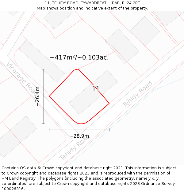 11, TEHIDY ROAD, TYWARDREATH, PAR, PL24 2PE: Plot and title map