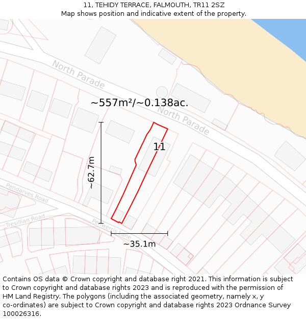 11, TEHIDY TERRACE, FALMOUTH, TR11 2SZ: Plot and title map