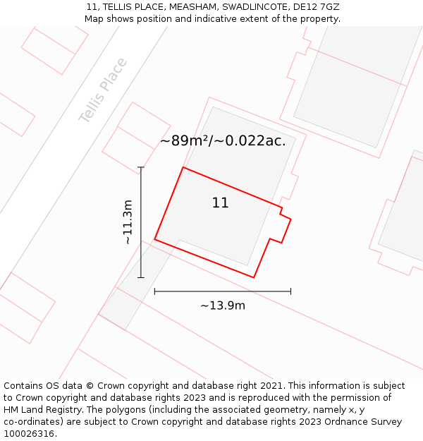 11, TELLIS PLACE, MEASHAM, SWADLINCOTE, DE12 7GZ: Plot and title map