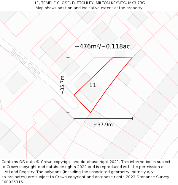 11, TEMPLE CLOSE, BLETCHLEY, MILTON KEYNES, MK3 7RG: Plot and title map