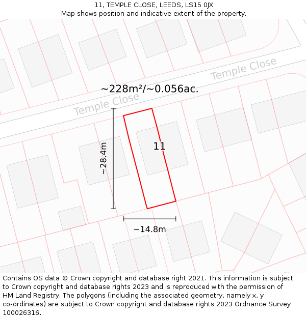11, TEMPLE CLOSE, LEEDS, LS15 0JX: Plot and title map