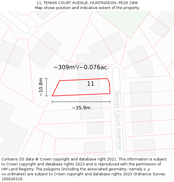 11, TENNIS COURT AVENUE, HUNTINGDON, PE29 1WW: Plot and title map