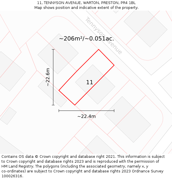 11, TENNYSON AVENUE, WARTON, PRESTON, PR4 1BL: Plot and title map