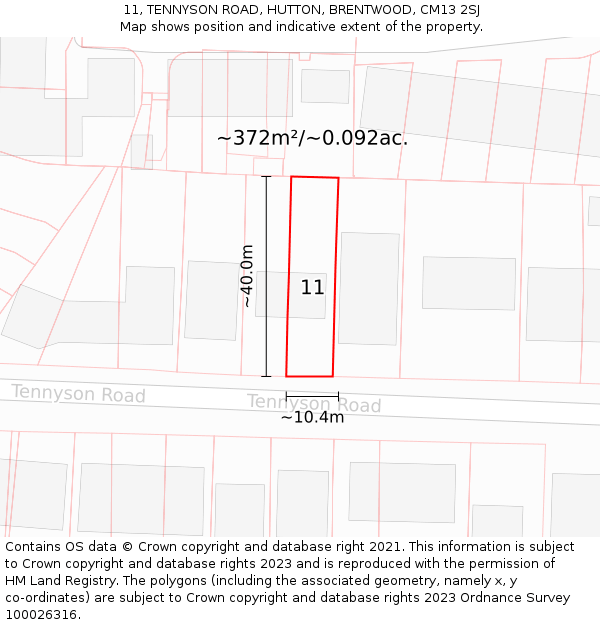 11, TENNYSON ROAD, HUTTON, BRENTWOOD, CM13 2SJ: Plot and title map