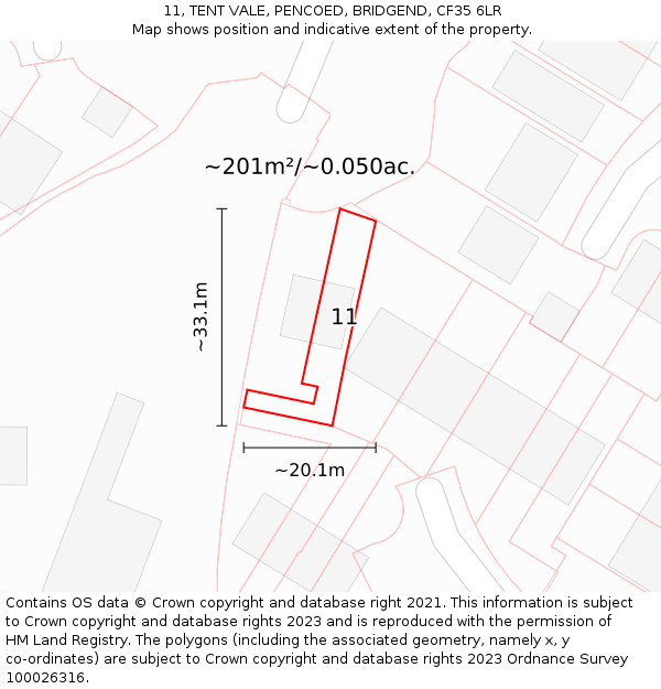 11, TENT VALE, PENCOED, BRIDGEND, CF35 6LR: Plot and title map