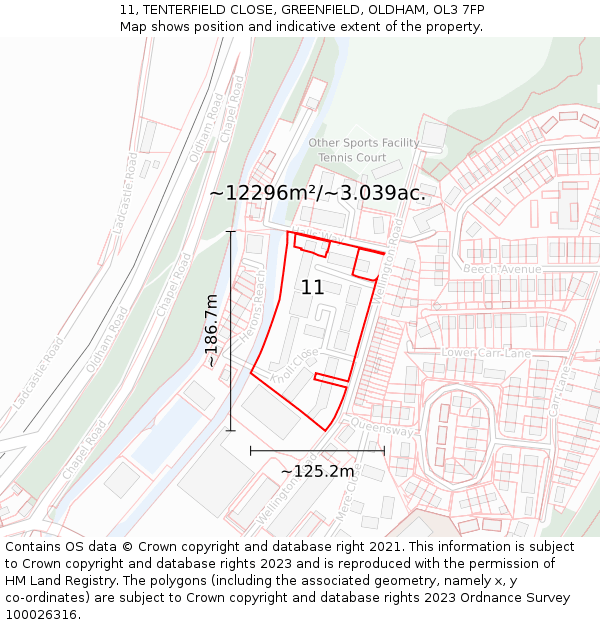 11, TENTERFIELD CLOSE, GREENFIELD, OLDHAM, OL3 7FP: Plot and title map