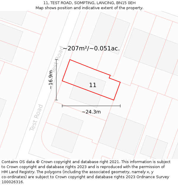 11, TEST ROAD, SOMPTING, LANCING, BN15 0EH: Plot and title map