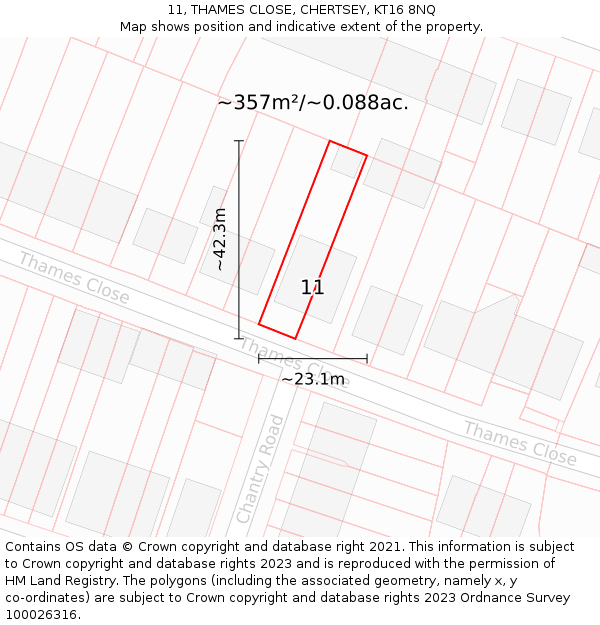 11, THAMES CLOSE, CHERTSEY, KT16 8NQ: Plot and title map