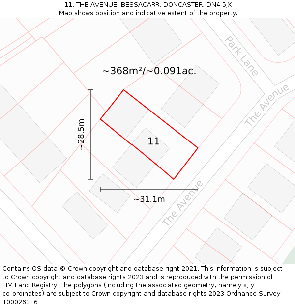 11, THE AVENUE, BESSACARR, DONCASTER, DN4 5JX: Plot and title map