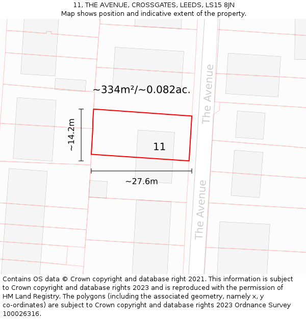 11, THE AVENUE, CROSSGATES, LEEDS, LS15 8JN: Plot and title map