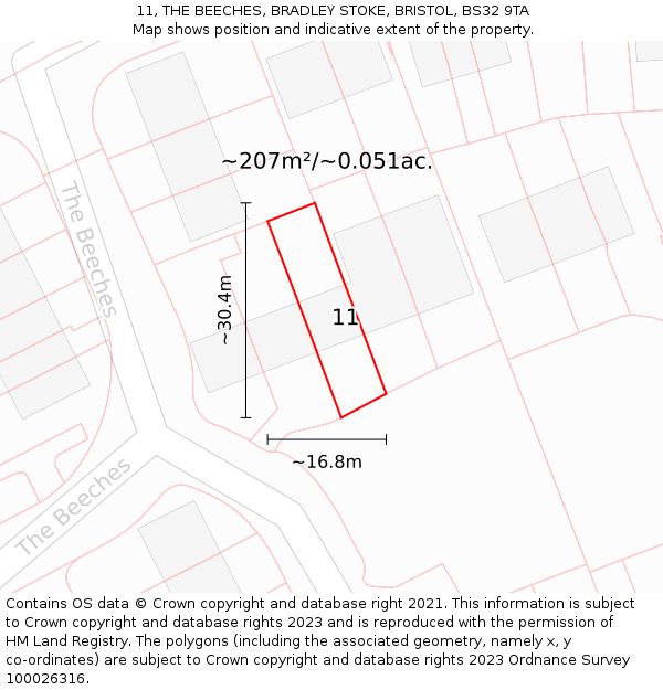 11, THE BEECHES, BRADLEY STOKE, BRISTOL, BS32 9TA: Plot and title map