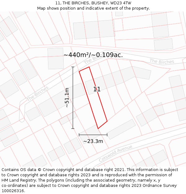 11, THE BIRCHES, BUSHEY, WD23 4TW: Plot and title map
