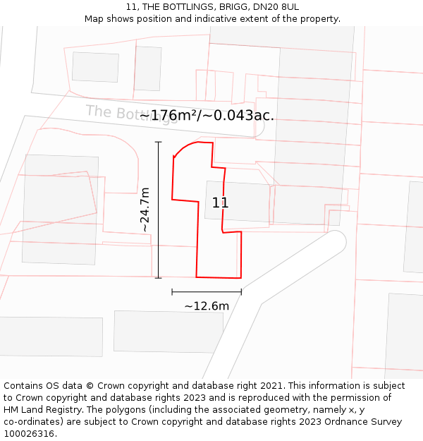 11, THE BOTTLINGS, BRIGG, DN20 8UL: Plot and title map