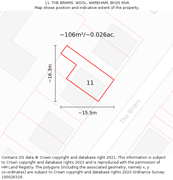 11, THE BRIARS, WOOL, WAREHAM, BH20 6NA: Plot and title map