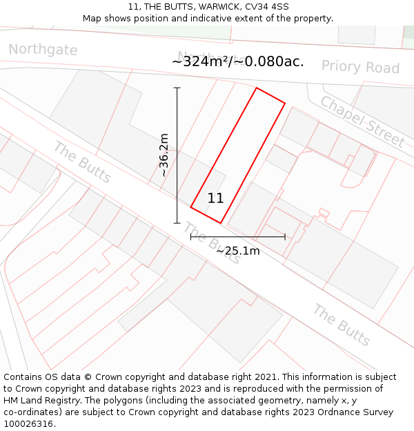 11, THE BUTTS, WARWICK, CV34 4SS: Plot and title map