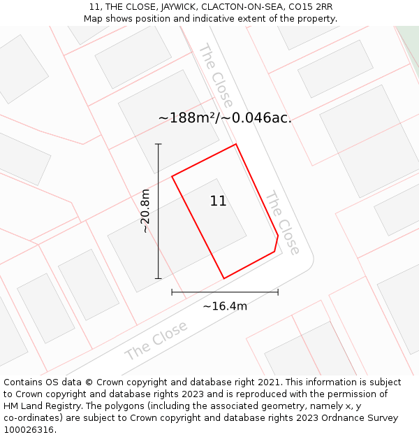 11, THE CLOSE, JAYWICK, CLACTON-ON-SEA, CO15 2RR: Plot and title map