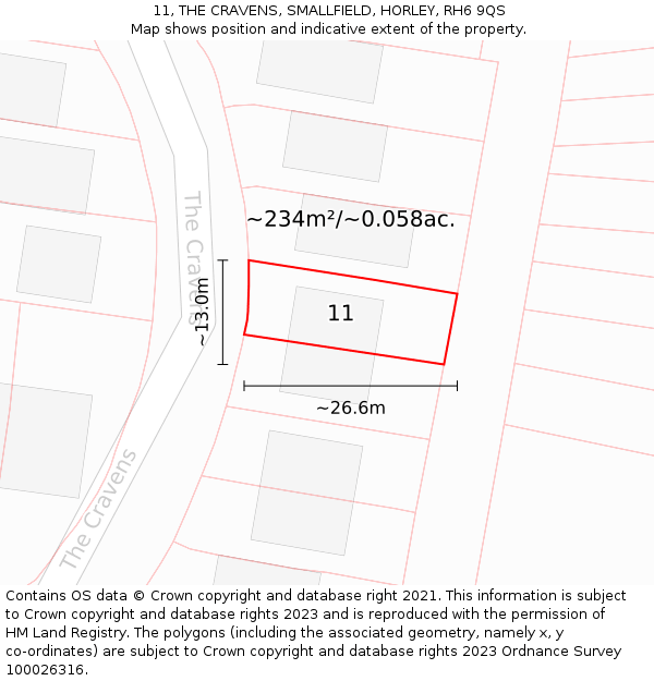 11, THE CRAVENS, SMALLFIELD, HORLEY, RH6 9QS: Plot and title map