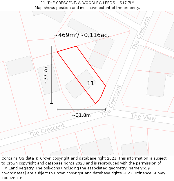 11, THE CRESCENT, ALWOODLEY, LEEDS, LS17 7LY: Plot and title map
