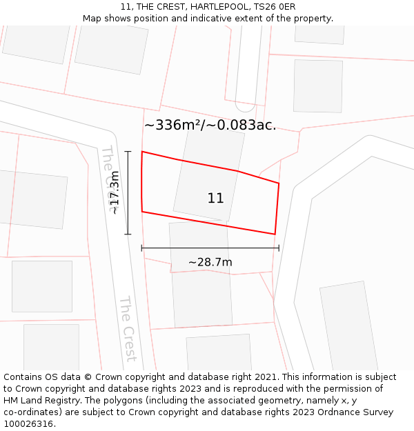 11, THE CREST, HARTLEPOOL, TS26 0ER: Plot and title map