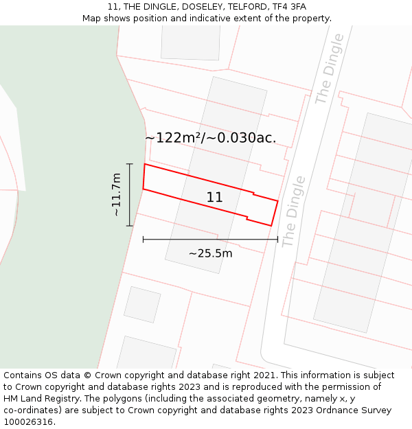 11, THE DINGLE, DOSELEY, TELFORD, TF4 3FA: Plot and title map