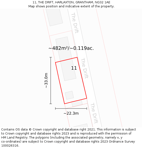 11, THE DRIFT, HARLAXTON, GRANTHAM, NG32 1AE: Plot and title map