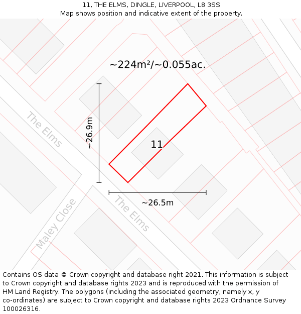 11, THE ELMS, DINGLE, LIVERPOOL, L8 3SS: Plot and title map