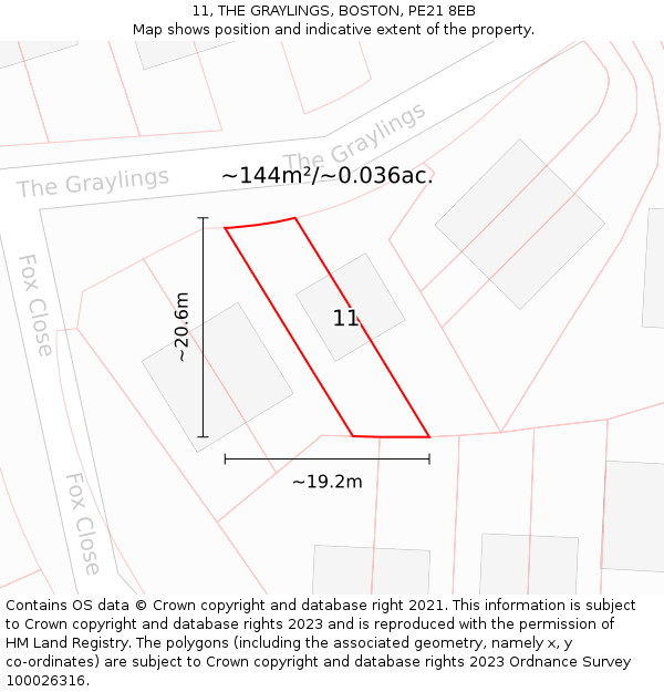 11, THE GRAYLINGS, BOSTON, PE21 8EB: Plot and title map