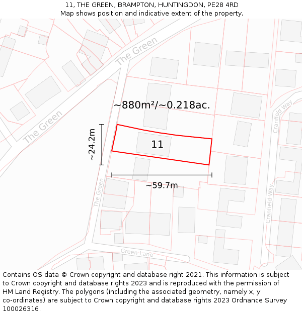 11, THE GREEN, BRAMPTON, HUNTINGDON, PE28 4RD: Plot and title map
