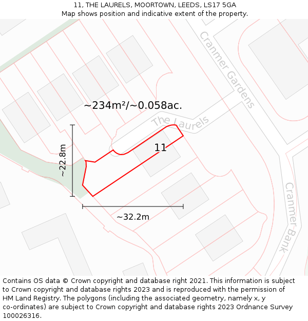 11, THE LAURELS, MOORTOWN, LEEDS, LS17 5GA: Plot and title map