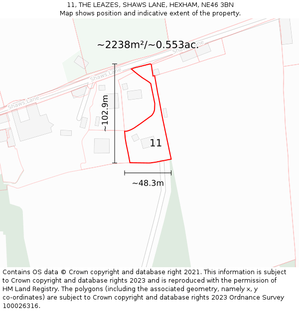 11, THE LEAZES, SHAWS LANE, HEXHAM, NE46 3BN: Plot and title map