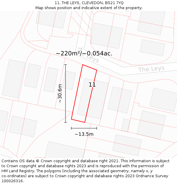 11, THE LEYS, CLEVEDON, BS21 7YQ: Plot and title map
