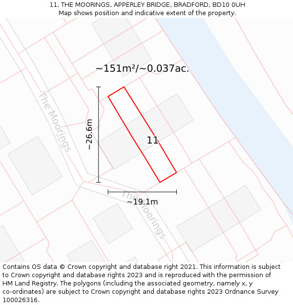 11, THE MOORINGS, APPERLEY BRIDGE, BRADFORD, BD10 0UH: Plot and title map