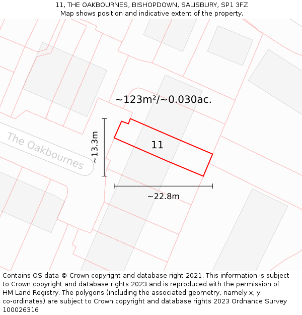 11, THE OAKBOURNES, BISHOPDOWN, SALISBURY, SP1 3FZ: Plot and title map
