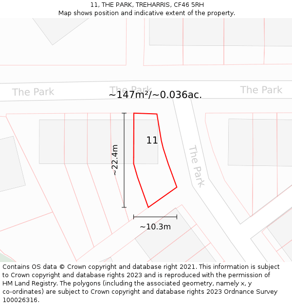 11, THE PARK, TREHARRIS, CF46 5RH: Plot and title map