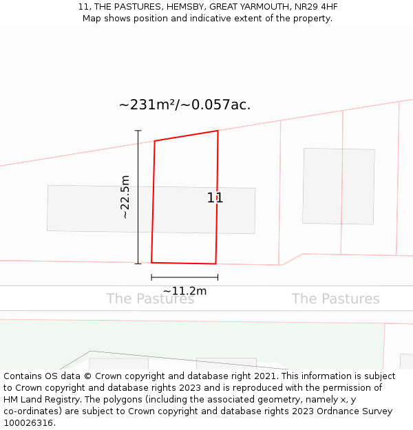 11, THE PASTURES, HEMSBY, GREAT YARMOUTH, NR29 4HF: Plot and title map