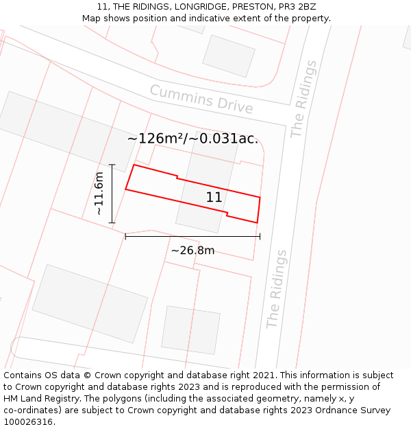 11, THE RIDINGS, LONGRIDGE, PRESTON, PR3 2BZ: Plot and title map