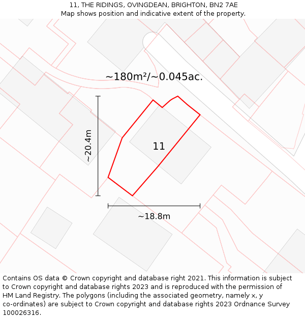 11, THE RIDINGS, OVINGDEAN, BRIGHTON, BN2 7AE: Plot and title map