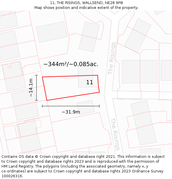 11, THE RISINGS, WALLSEND, NE28 9PB: Plot and title map
