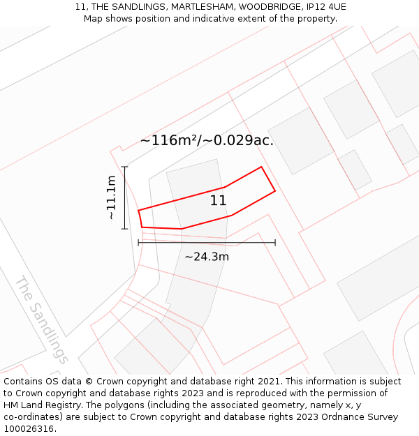 11, THE SANDLINGS, MARTLESHAM, WOODBRIDGE, IP12 4UE: Plot and title map
