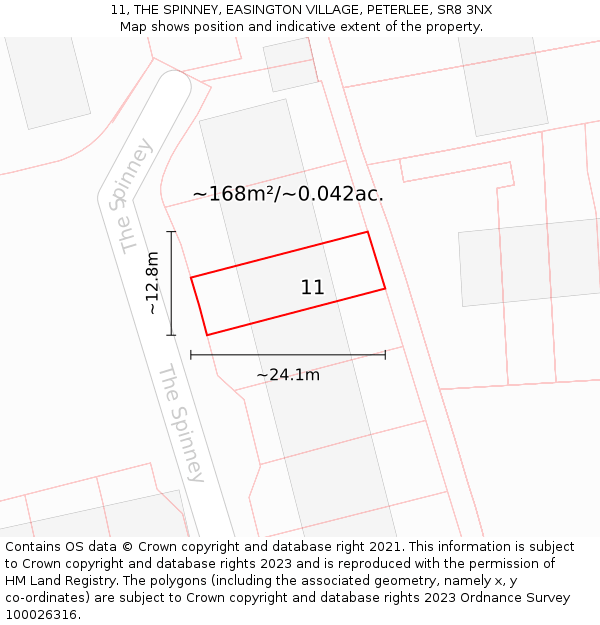 11, THE SPINNEY, EASINGTON VILLAGE, PETERLEE, SR8 3NX: Plot and title map
