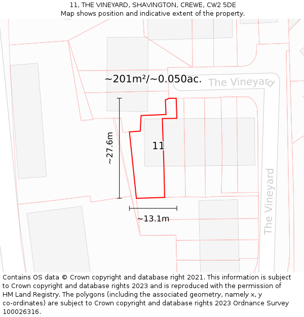11, THE VINEYARD, SHAVINGTON, CREWE, CW2 5DE: Plot and title map
