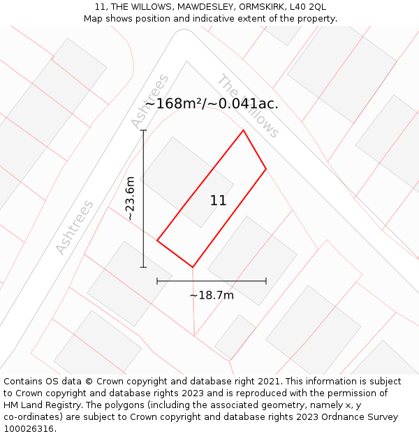 11, THE WILLOWS, MAWDESLEY, ORMSKIRK, L40 2QL: Plot and title map
