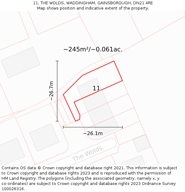 11, THE WOLDS, WADDINGHAM, GAINSBOROUGH, DN21 4RE: Plot and title map