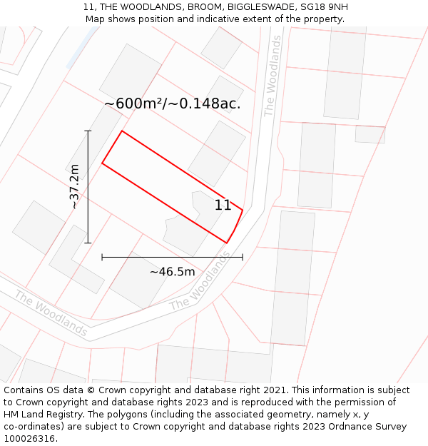 11, THE WOODLANDS, BROOM, BIGGLESWADE, SG18 9NH: Plot and title map