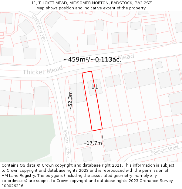 11, THICKET MEAD, MIDSOMER NORTON, RADSTOCK, BA3 2SZ: Plot and title map
