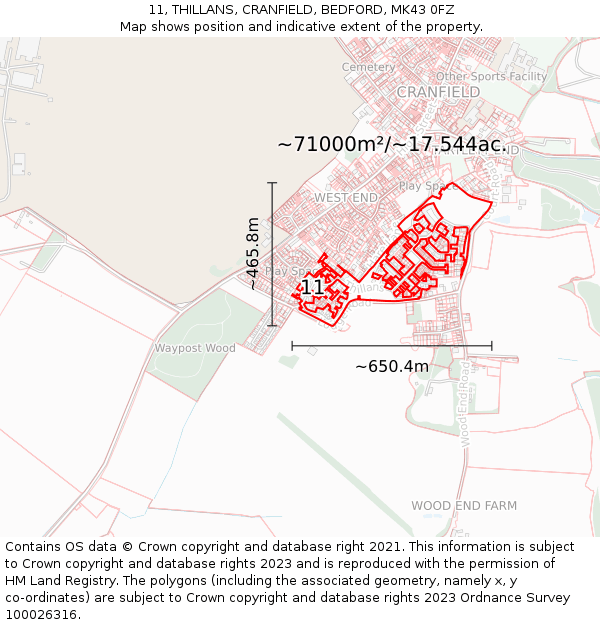 11, THILLANS, CRANFIELD, BEDFORD, MK43 0FZ: Plot and title map